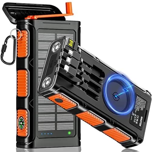 Batterie Externe Solaire sans Fil 26800 mAh avec Manivelle et 4 Câbles, Chargeur Solaire USB-C Charge Rapide 7 Sorties et 4 Entrées pour Téléphone, Batterie Externe étanche pour Camping