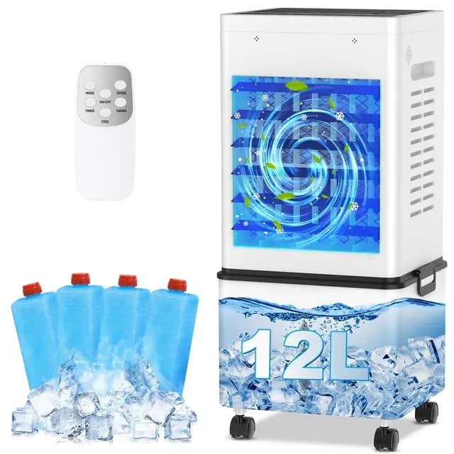 Climatiseur Mobile 12L, Refroidisseur d'Air Évaporatif avec Télécommande, 6 Vitesses et 2 Modes, Minuterie 24H, 4 Boîtes des Glacières, 45W Climatisation Portable pour Maison Bureau Chambre Cuisine