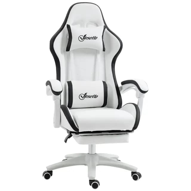 Vinsetto Chaise Gaming Fauteuil Gaming Ergonomique Repose-Pieds télescopique, Dossier inclinable à 135°, Appui-tête réglable et Soutien Lombaire, Fauteuil de Bureau 360° Rotatif en Similicuir, Blanc – Image 1