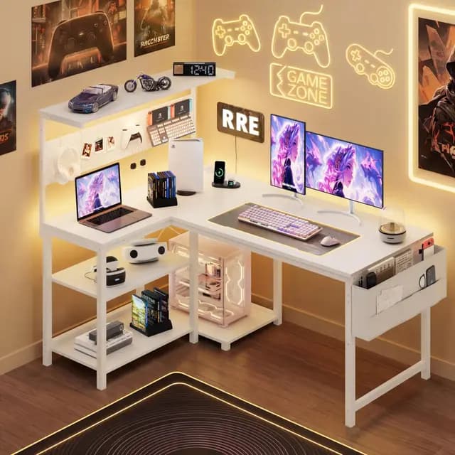 YOUDENOVA Bureau Gaming en L 120x80cm avec LED et Prise, Bureau d'angle Réversible avec Étagère et Panneau Perforé, Table d'Ordinateur avec Rangement pour Home Office et Gamer, Blanc – Image 1
