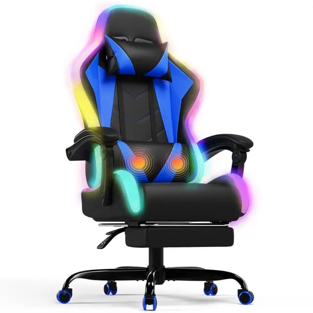 Devoko Chaise Gamer Ergonomique avec Coussin Lombaire massant, LED RGB & Repose-Pieds – Réglage Complet Dossier & Hauteur – Fauteuil Confort 180 kg – Bleu – Image 1