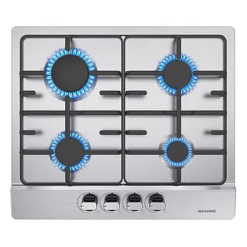 WEHIMO Plaque de Cuisson Gaz 4 Feuxs, Plaque Gaz 4 Feuxs Inox, Cuisinière à Gazs 4 Brûleurs Encastrable, Grille Fonte, 7200W, Gazs Ville et Bouteille