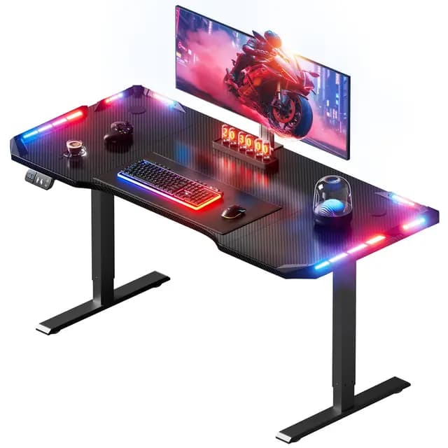 HLFURNIEU LED Bureau Assis Debout Electrique 140 x 60 cm, Bureau Gaming avec 2 Contrôle à Fonctions Mémoires, Table Reglable Hauteur avec Surface en Fibre de Carbone, Table Gaming Noir – Image 1