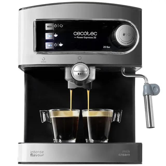 Cecotec Machine à café Express Power Espresso 20 Barista Pro. 2 Thermoblocks, 20Bars, Manomètre, Mode Auto pour 1 et 2 Café(s), Buse vapeur Orientable, Conduit pour Infusions, 2900W. (Basic)