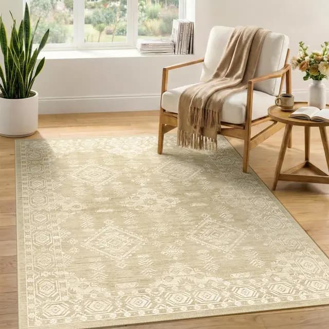 Tapis Lavable 120x180 cm, Style Abstrait Moderne pour Salon, Poil Court Doux et antidérapant, adapté pour Chambre, Salle à Manger et Bureau, Beige