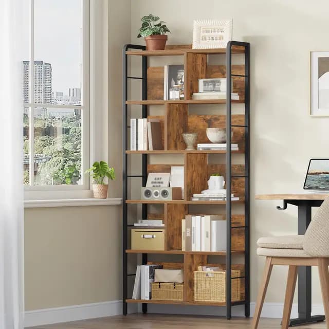 HEXCELEN Bibliothèque avec 6 Niveaux, Bibliotheque Industrielle, Étagère de Rangement, Étagère Ouverte, pour Bureau, Salon Industriel Brun Rustique et Noir 30 x 80 x 186 cm