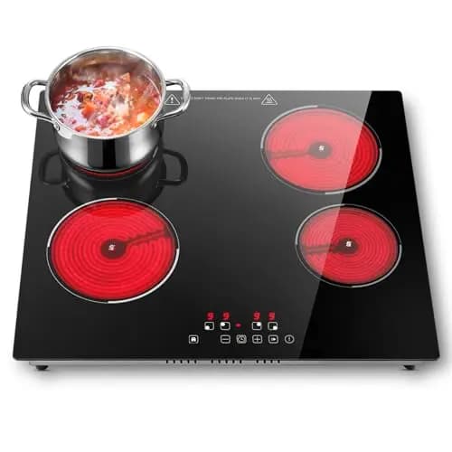 SNDOAS Plaque Vitrocéramique 4 Feux 6000W, Plaque de Cuisson Electrique Encastrable 59cm, Arrêt Automatique, Commande Tactile 9 Niveaux, Câblage Fixe, Compatible Tous Ustensiles