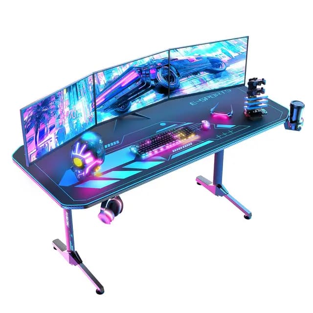 Himimi Bureau Gaming 160x75 cm, Bureau Gamer Ergonomic Informatique, Table Gaming en Fibre de Carbone, Gaming Desk pour à Domicile avec Grand Tapis de Souris Porte Gobelet Casque & Poignée de Jeu,Noir
