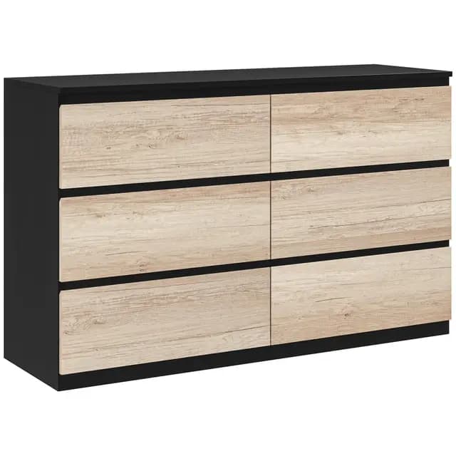 HOMCOM Commode 6 tiroirs, Meuble de Rangement étroit sans poignées, chiffonnier, Style Moderne, Commode pour Chambre à Coucher, Salon, Couloir, 120 x 39 x 75 cm, Noir et Bois Naturel