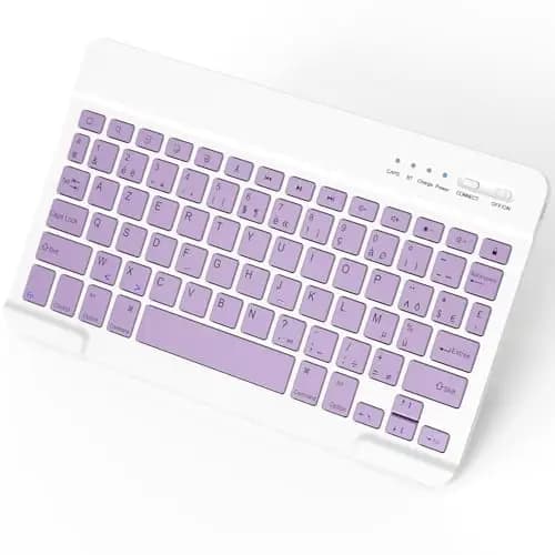 Clavier Bluetooth, AZERTY Français Clavier sans Fil Rechargeable, Ultra Mince Léger Silencieux, Clavier pour iOS, Compatible avec iPad/iPad Mini/Air/Pro avec Raccourcis Multimédias,Violet Clair