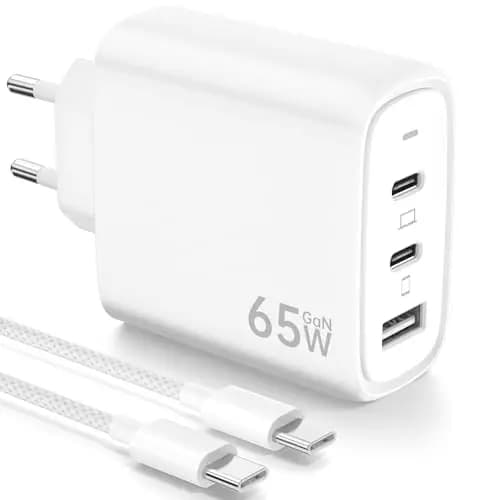 65W Chargeur USB C Rapide avec GaN Technologie, 3-Ports PD & QC3.0 Chargeur Prise avec Câble USB C 2M Compatible pour iPhone 16 Pro/15 Plus, pour Galaxy S24/23/S22, pour MacBook Pro/Air, etc