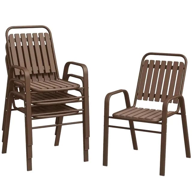 Outsunny Lot de 4 chaises de Jardin chaises empilables d'extérieur avec Haut Dossier et accoudoirs, Cadre en Acier pour Jardin, Piscine, terrasse, Marron foncé