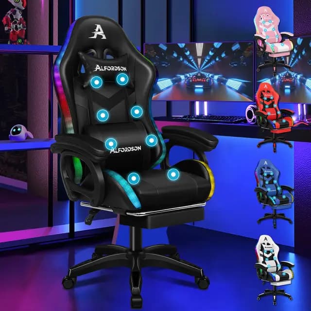 ALFORDSON LED Chaise Gaming, Siege Gamer avec Massage 8 Points, Fauteuil de Gaming Pivotant Ergonomique avec Éclairage RVB avec Support Lombaire et Appui-Tête, Hauteur Réglable, Noir – Image 1