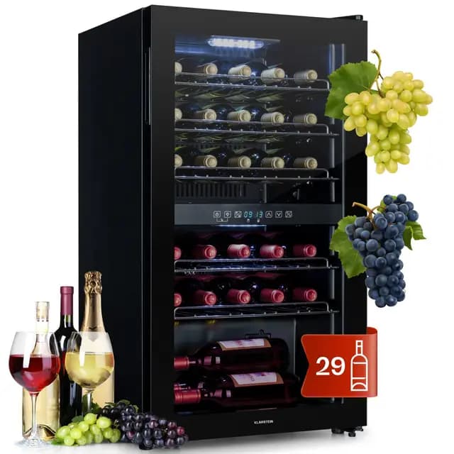 KLARSTEIN Cave a Vin, Caves à Vin de Conservation de 80L, Porte en Verre, Cave a Vins à Double Zone, Bar Int/Ext, Frigo Vin, Armoire a Vin, de Vieillissement, 29 Bouteilles