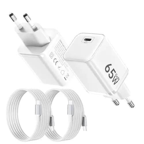 2PCS Chargeur USB C 65W, Charge Rapide PD3.0 PPS, GaN II avec Câble Tressé 2M, Compatible pour MacBook Pro/Air, pour Samsung Galaxy S25/S24/S23, pour iPhone 17/16/15(Blanc)