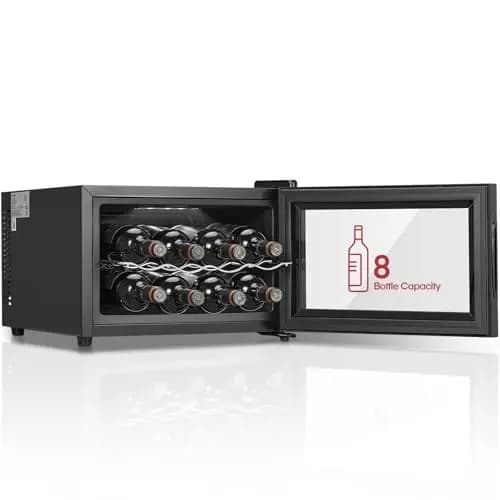 FOHERE Cave à vin pour 8 Bouteilles, Réfrigérateur à vin de Table Avec Porte en Verre, 22 Litres LED + Affichage Numérique, Réfrigérateur à Boissons Avec Porte en Verre, 8-18 °C – Image 1