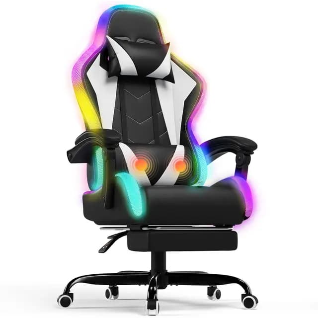 Devoko Chaise Gaming Ergonomique avec LED RGB, Massage Lombaire & Repose-Pieds – Fauteuil Gamer avec Appui-tête réglable – Dossier inclinable & Hauteur Ajustable – 180 kg – Blanc – Image 1