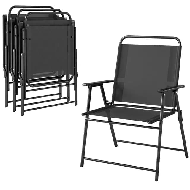 Outsunny Lot de 4 chaises de Jardin Pliantes avec accoudoirs, chaises d'extérieur avec Assise Large en textilène Respirant, Dossier Haut, Cadre en Acier Robuste, pour Patio, Balcon, terrasse, Noir