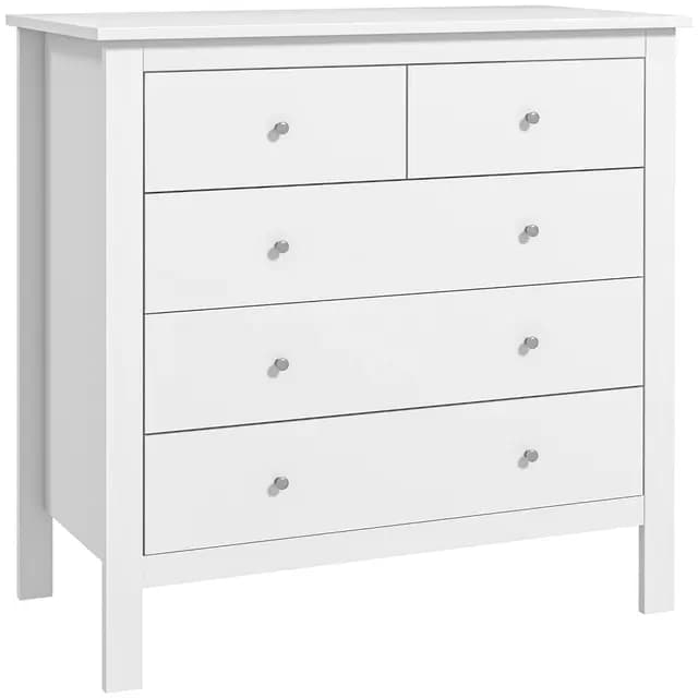 HOMCOM Commode à 5 tiroirs Meuble de Rangement en Bois avec poignées, glissières métalliques, système Anti-basculement, pour Chambre Salon Bureau, 79L x 39,5P x 80,5H cm Blanc