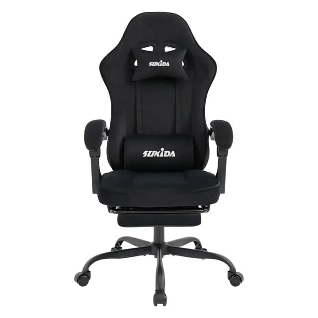 SUKIDA Chaise de gaming en tissu, chaise de jeu ergonomique avec repose-pieds, chaise d'ordinateur de course réglable avec support lombaire, couleur noir ergonomique
