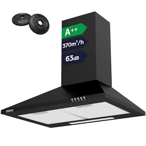 CIARRA CBCB6201 Hotte Aspirante 60cm 370m³/h Class A++- Evacuation ou Recyclage - Filtres à Charbon INCLUS - 3 Vitesse - Hotte Murale - Noir
