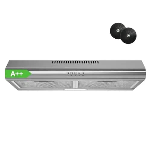 FIREGAS Hotte Aspirante 60cm Classe A++, Moteur Brushless Ultra Silencieuse 46dB, Débit 319m³/h, Hotte Cuisine Inox avec Filtre à Charbon, Évacuation Top/Arrière ou Recyclage, Argenté – Image 1