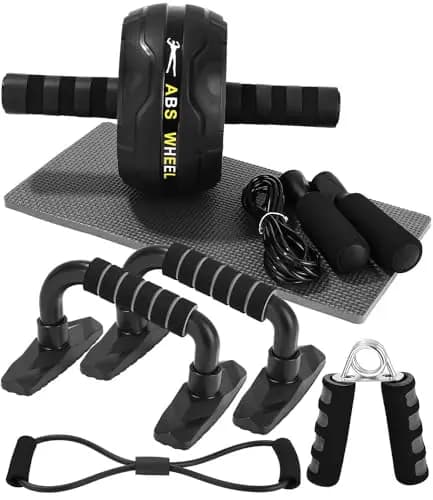 Roue abdominale 6 en 1 avec bande de fitness, pompes, tapis pour genoux, Corde à Sauter,Pince à Main,appareils de fitness pour abdominaux, Idéal pour les hommes et les femmes à la maison
