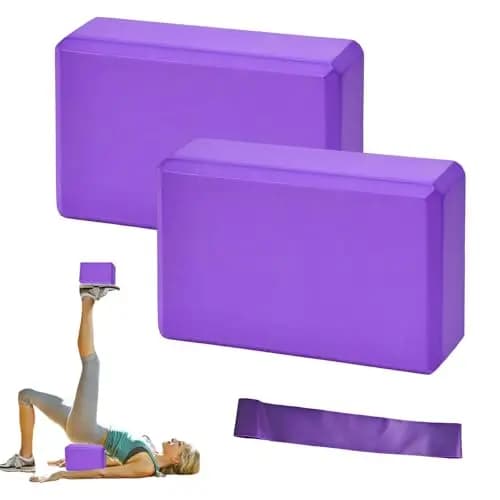Lot de 2 blocs de yoga avec bandes de fitness - Blocs de yoga violets en mousse EVA - Légères et antidérapantes - Pour pilates, étirement, amélioration de la force