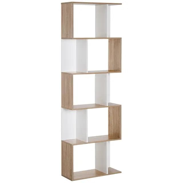 HOMCOM Bibliothèque à 5 Niveaux, Meuble de Rangement en Forme de S avec étagères, étagère de Rangement pour Salon, Chambre Bureau, 60 x 24 x 184,5 cm, Bois de chêne, Blanc
