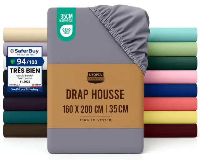 Utopia Bedding Drap Housse - Gris, 160 x 200 cm - Coupes de 35 cm pour Matelas épais - Polyester Microfibre brossée – Image 1