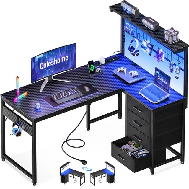 Coleshome Bureau Gaming avec LED, 110 x 80 cm Réversible Table Gaming avec Tiroirs et Prises de Courant, Bureau d'angle avec Compartiment de Rangement (Noir Carbone) – Image 1