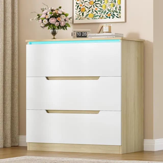 Hzuaneri Commode, avec Éclairage LED, Commode à 3 tiroirs, Meuble de Rangement, Casier avec Éclairage, Convient pour Le Salon et la Chambre, 40 x 70 x 80 cm, Nature Couleur Bois et Blanc DC01331XEU