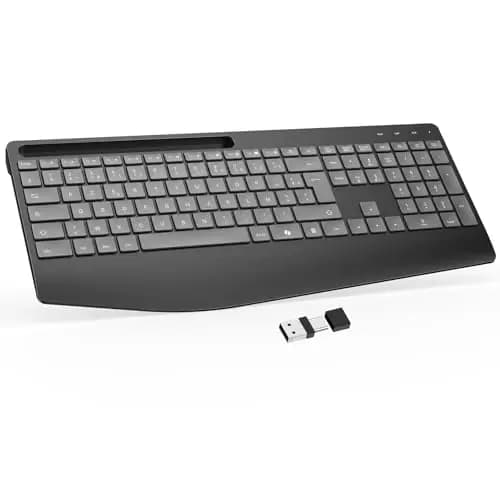 OMOTON Clavier sans Fil AZERTY Français, 2,4G Clavier Ergonomique Rechargeable avec Repose-Poignet, Wireless Keyboard Rétroéclairé, Compatible PC Windows/Linux, Idéal Bureau, Gris Graphite – Image 1