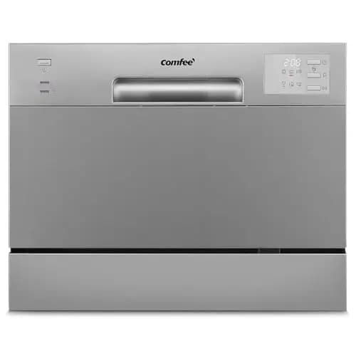 COMFEE Lave-vaisselle Compact CDWMT0602ESD-EU Mini lave-vaisselle avec 6 couverts, 6 programmes, Clase D, écran LED, démarrage différé, cycle intensif H-TEMP à 70 °C, niveau sonore 47 dB - Argent