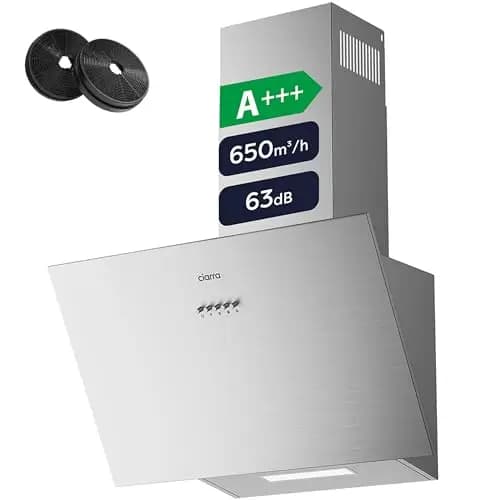 Ciarra Hotte Aspirante Inclinée 60cm - Classe A+++ - 650m³/h - Hotte de Cuisine 3 Vitesses - Filtres à Charbon Inclus - Evacuation ou Recyclage - Inox - CBCS6762A – Image 1