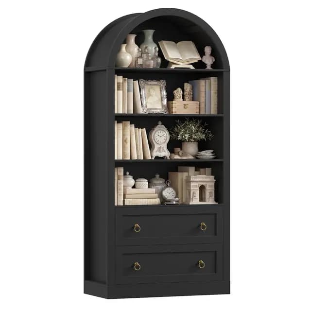 FirFurd Bibliotheque Meuble de Rangment avec 2 Tiroirs 4 Etagère Bibliotheque Livre en Forme d'arc Bibliotheques pour Salon Bureau Cuisine 177x79,5x36cm Noir