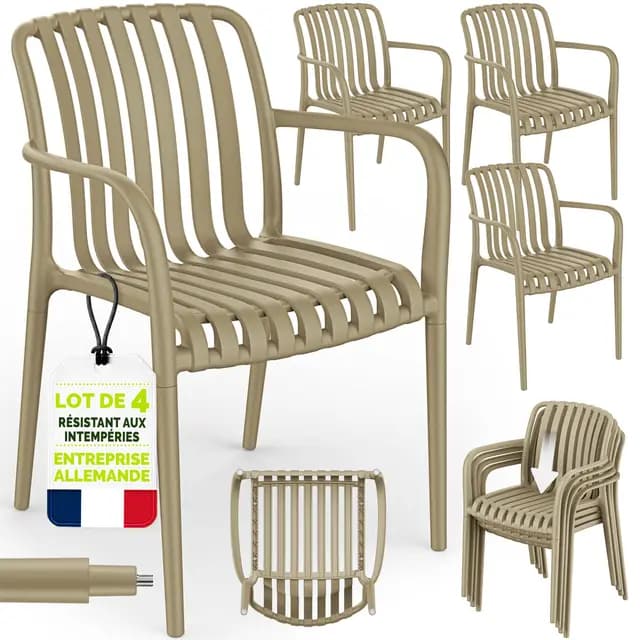 tillvex Lot de 4 chaises de Jardin, empilables, résistantes aux intempéries, avec accoudoirs, Charge maximale : 120 kg, pour extérieur, Balcon, Jardin, terrasse