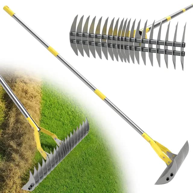 Râteau, 140 cm - Râteau robuste pour éliminer la mousse et le chaume avec une lame tranchante pour enlever l'herbe morte, pour la cour, le jardin, la pelouse / Argent
