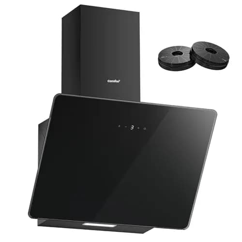 COMFEE' CH60J64ET4A2B-EU Hotte Aspirante Inclinée, 380 m³/h, Clase A++, 60 cm en Verre Trempé, 3 Niveaux de Vitesse, Écran Tactile LED, Recirculation Interne ou Évacuation, 60 cm, Noir – Image 1