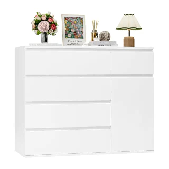 FOREHILL Commode Chambre Adulte Commode 5 Tiroirs et 1 Porte Commode Blanche Chiffonnier Rangement pour Salon Couloir Armoire à Tiroirs 100x40x80cm