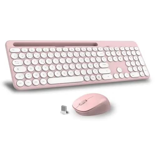 LeadsaiL Ensembles Clavier et Souris, Ensemble De Clavier Souris Ergonomique Pleine Taille, 2,4 GHz avec Récepteur USB pour PC, Portable, Windows, Mac AZERTY Français-Rose – Image 1