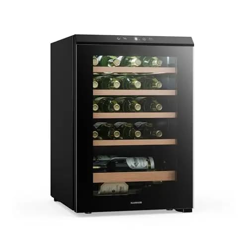 KLARSTEIN Bevora Réfrigérateur à vin 20 bouteilles – Cave à vin sur pied, élément de commande/de contrôle tactile 4-18 °C, porte vitrée anti UV, éclairage LED, clayettes en bois – Image 1