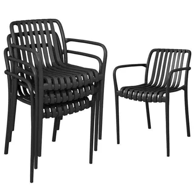 Outsunny Lot de 4 Chaises de Jardin Empilables en Polypropylène Anti-UV - Fauteuil de Terrasse avec Accoudoirs et Dossier à Lattes Ergonomique - Chaises de Salle à Manger Extérieures, Noir
