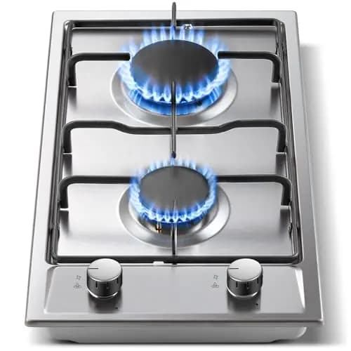 TopStrong Plaque de Cuisson Gaz 2 Feuxs Inox, Plaque Gaz 2 Feux en Acier Inoxydable, Sécurité Thermocouple, Encastrable Table de Cuisson 30cm, Gazs Naturel/Propane, 4200W