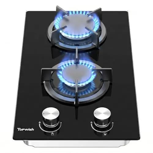 TOPWISH plaque de cuisson gaz 2 feux, plaque gaz 2 feux encastrable, table de cuisson 30cm, NG/LPG décapotable, protection d'extinction, allumage automatique, 4750 Watt