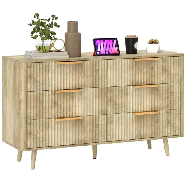 HOMCOM Commode 6 tiroirs Meuble de Rangement Style scandinave avec poignées et Pieds de pin, Bois Effet cannelé, Commode Chambre à Coucher, Salon, Couloir - 120 x 40 x 76 cm, chêne