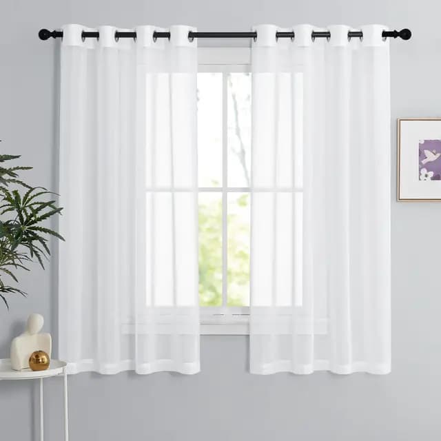 PONY DANCE Rideau Blanc - Voilage Lot de 2 Rideaux Lin Naturel Effet 140 x 160 Décoration Maison Chambre & Hôtel pour Petites Fenêtres Draperies Souple à Oeillet Romantique