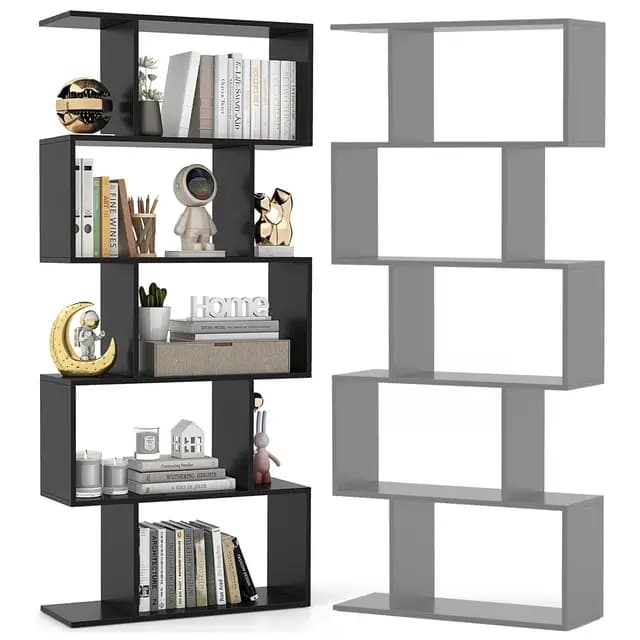 HOMASIS Bibliothèque à 5 Niveaux en Forme de S, Etagère de Rangement Murale en Bois sur Pied avec Design Anti-Basculement, Séparateur de Pièce pour Salon, Chambre, Bureau, 70 x 23,5 x 158 cm (Noir)