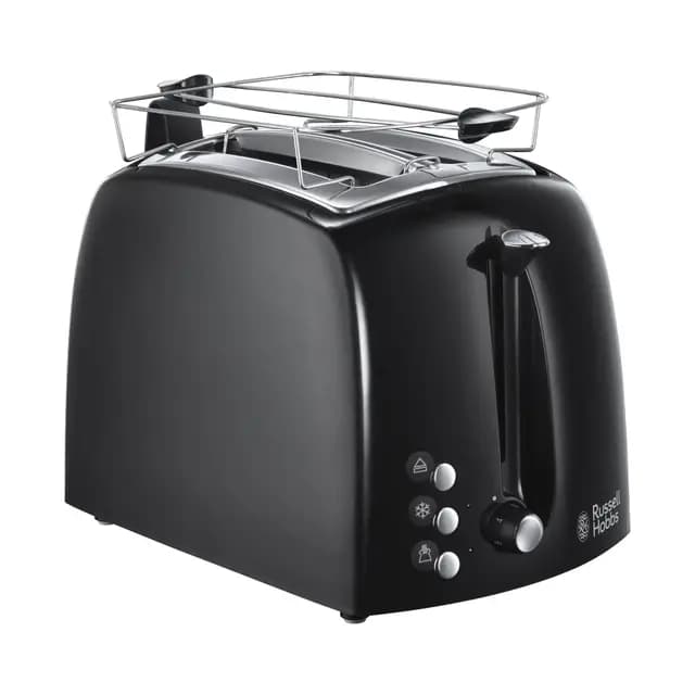 Russell Hobbs Grille pain [2 Fentes] Textures+ (extra larges, surélévation, support à petits pains & pince à toasts, 6 niveaux de dorage, décongélation & réchauffe-viennoiseries, 850W) 22601-56