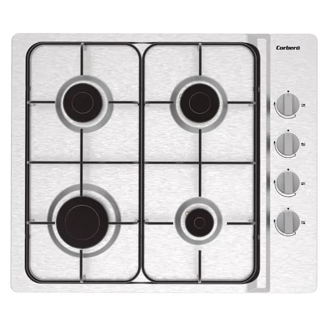 Corberó - Plaque de gaz 7,5 KwCPGS423X | 4 feux | gaz butane | Couleur inoxydable | Grille émaillée noire | Valve de sécurité coupure de gaz | Arrêt automatique de sécurité, inox, acier inoxydable